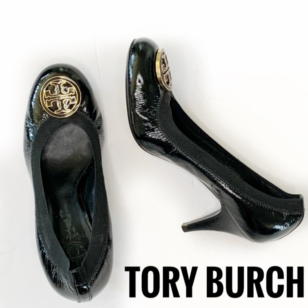 TORY BURCH Caroline black patent gold logo  heels